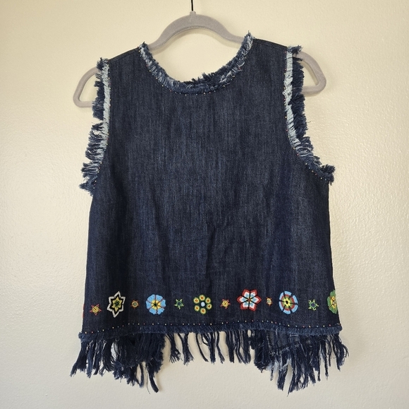 Love Sam Tops - NWT Anthropologie Love Sam Denim Floral Beaded Open Back Tank Size Medium